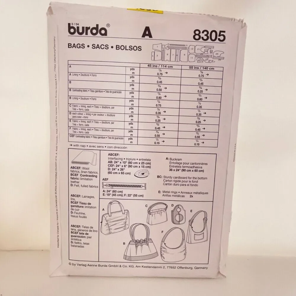 #8305 Burda Misses Bag Purse Handbag Sewing Pattern